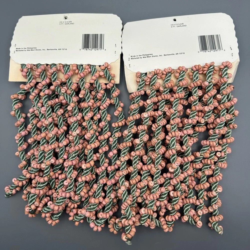 2 Packs VTG 90s Walmart Christmas Trim Garland Green Cord With Pink & Gold Beads
